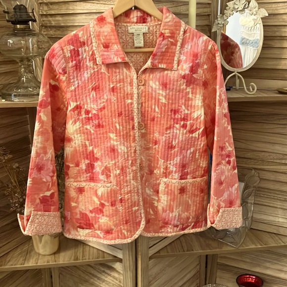 Appleseed's Pink and Coral Floral Quilted Jacket NWOT Sz PM 100% Cotton - Picture 1 of 12
